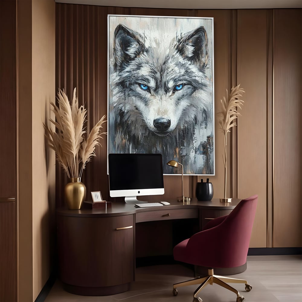 Tablou canvas cu tablou canvas cu portret de lup, in rama de aluminiu argintiu, pe perete intr-un birou